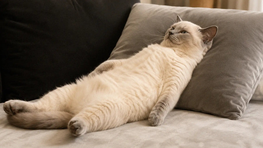 Relaxed indoor cat lounging on a bed against a pillow.