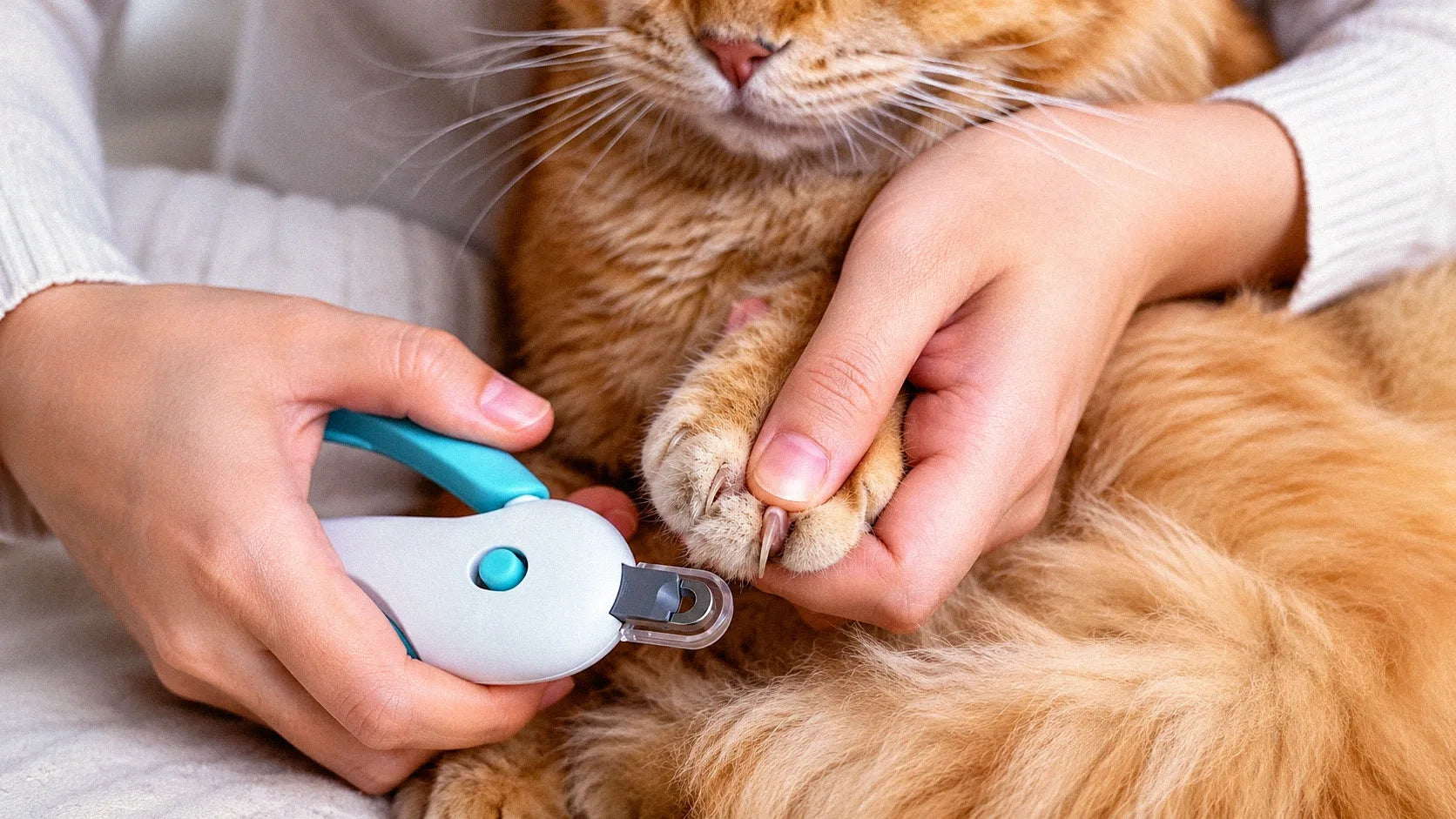 Cat owner gently trimming a cat’s nails at home with a small pet nail clipper.