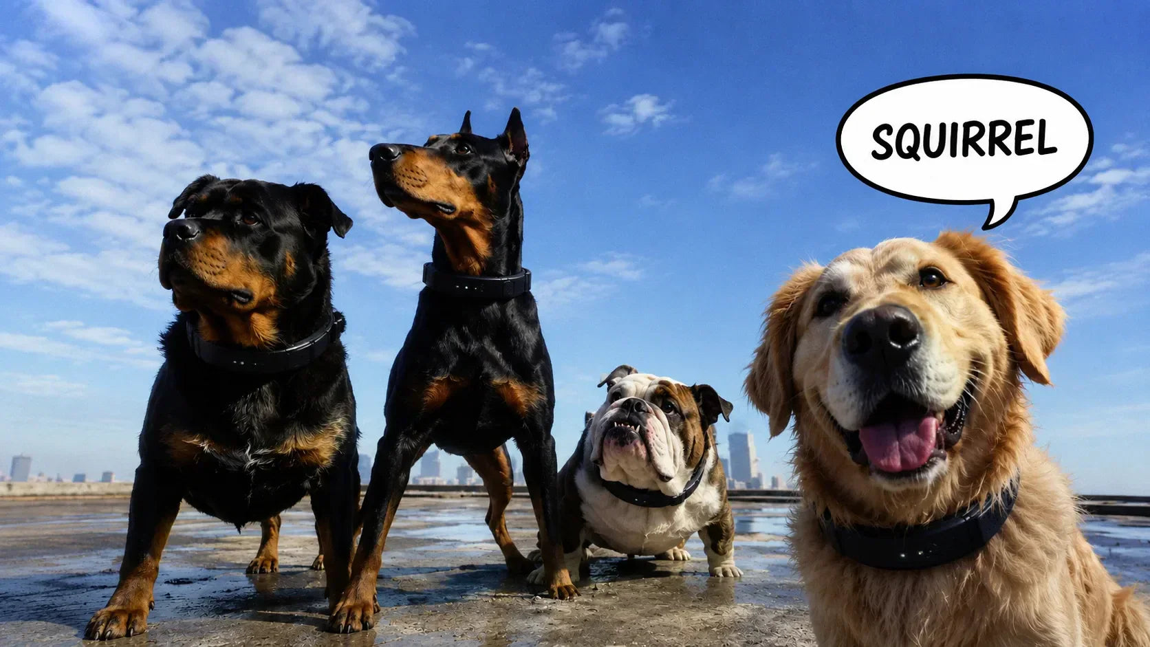 Dogs wearing smart AI pet collars with a speech bubble, representing dog translator technology and pet communication.