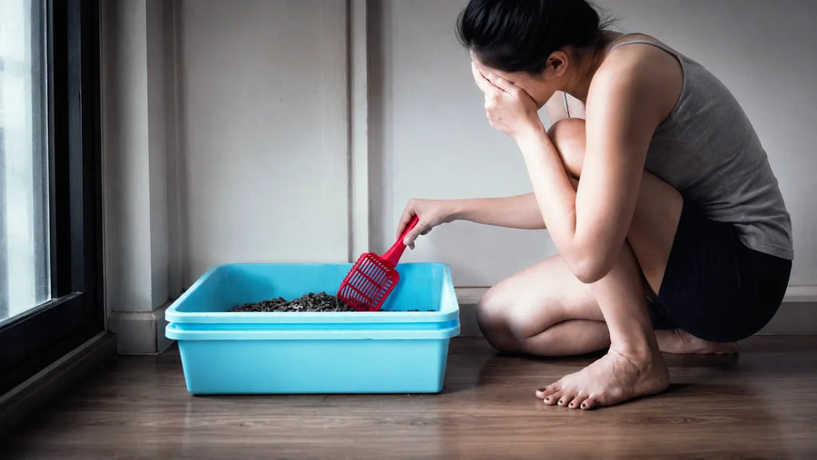 Person scooping a blue cat litter box near a window, showing litter box odor and daily cleaning routine.