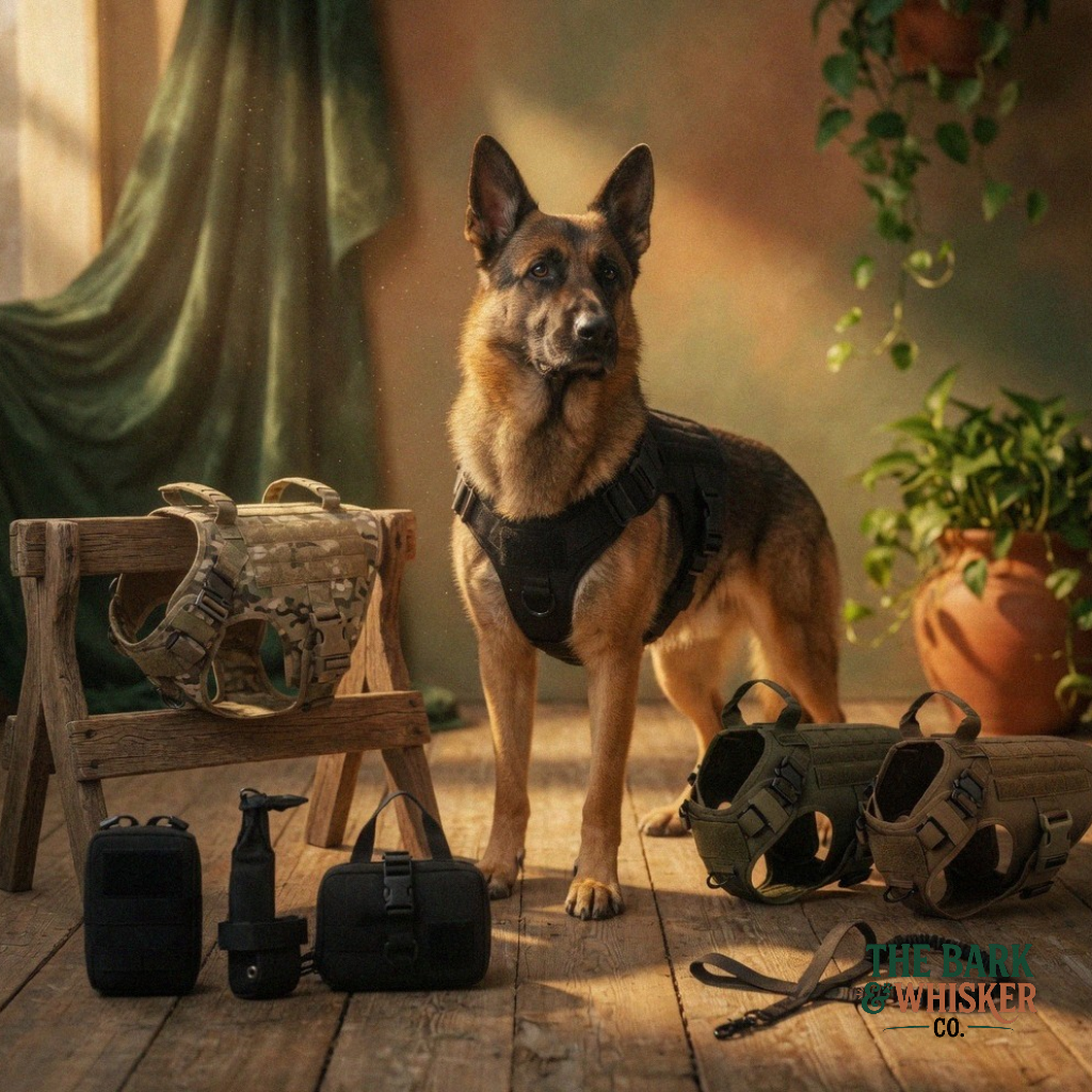 German Shepherd dog wearing a harness with various dog products on a wooden floor.