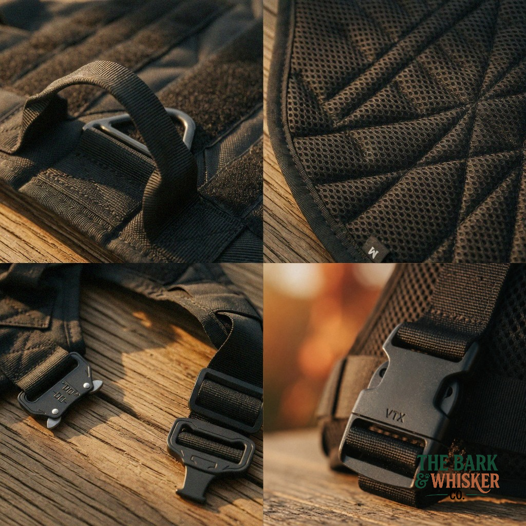 Collage of close-up shots of a black backpack with straps and mesh design, featuring 'The Bark & Whisker' brand.