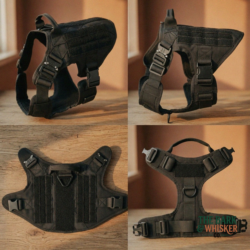 Black tactical dog harness shown from multiple angles on a wooden surface.