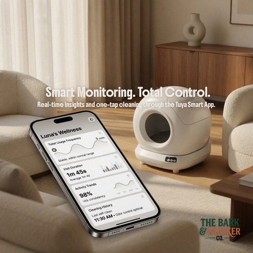 Smart self-cleaning automatic cat litter box with Tuya app connectivity, featuring real-time health monitoring, one-tap cleaning controls, and modern smart-home integration in a luxury living room setting.