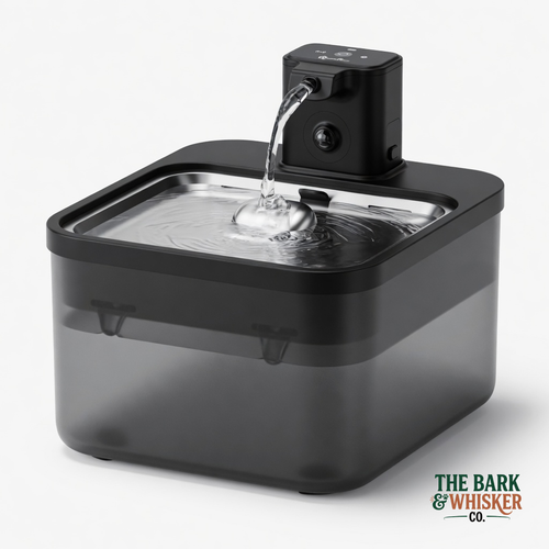 Pet water fountain with clear water flowing, branded 'The Bark & Whisker Co.'