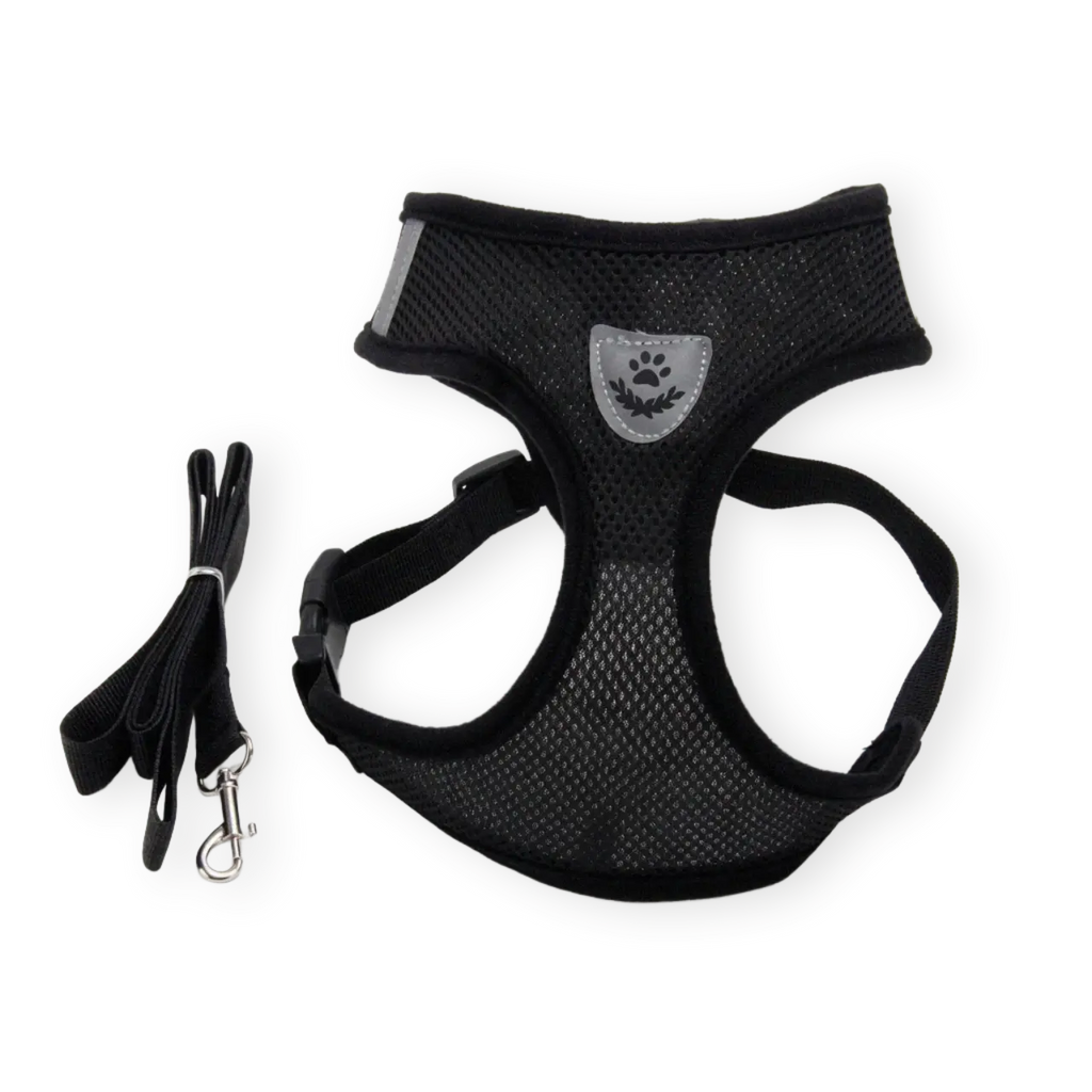 Black breathable pet harness with a leash on a white background