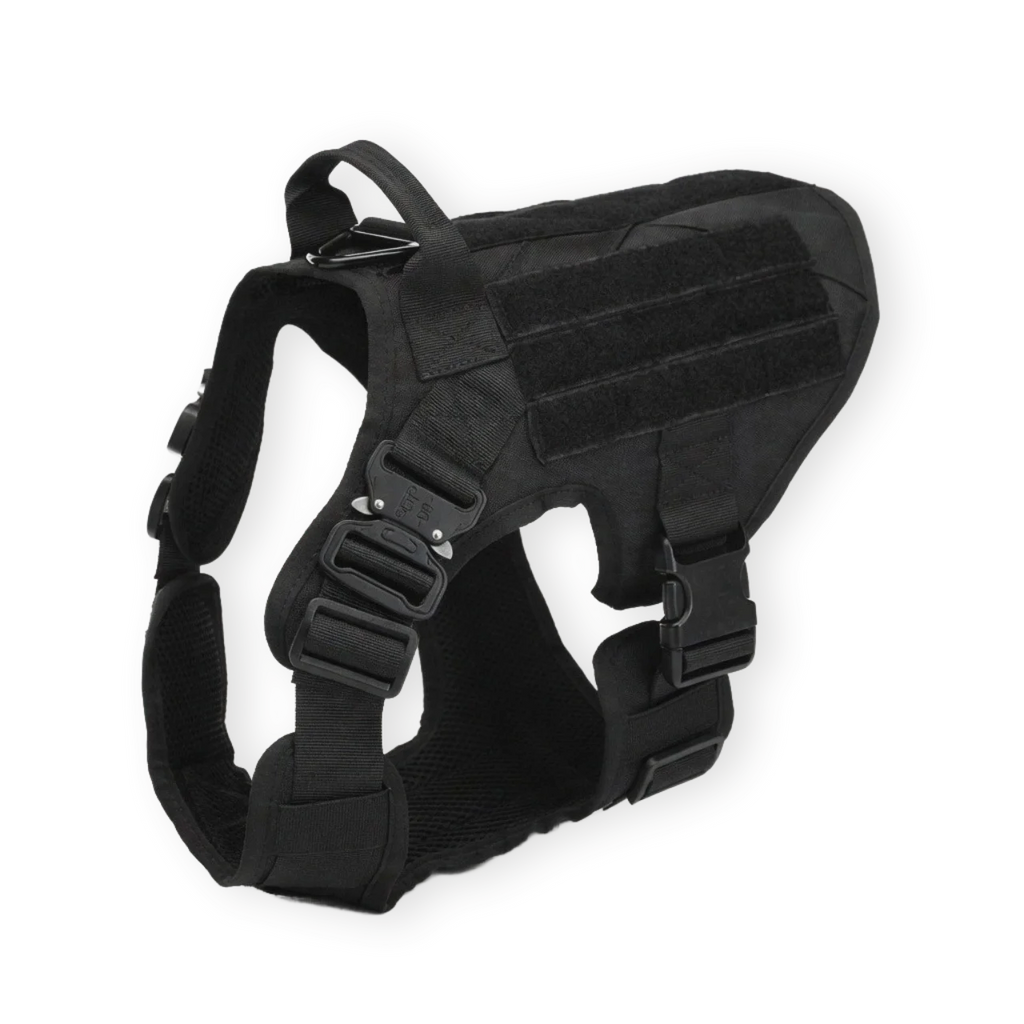Black tactical dog harness with front D ring on a white background