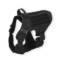 Black tactical dog harness with front D ring on a white background