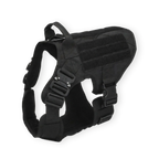 Black tactical dog harness with front D ring on a white background
