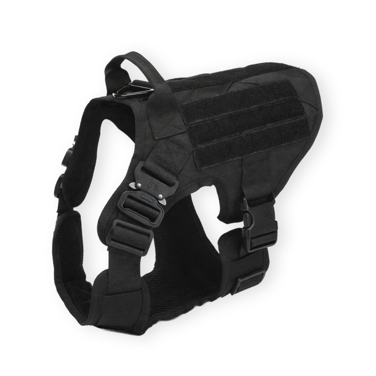 Black tactical dog harness with front D ring on a white background