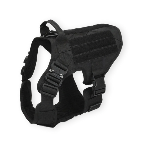 Black tactical dog harness with front D ring on a white background