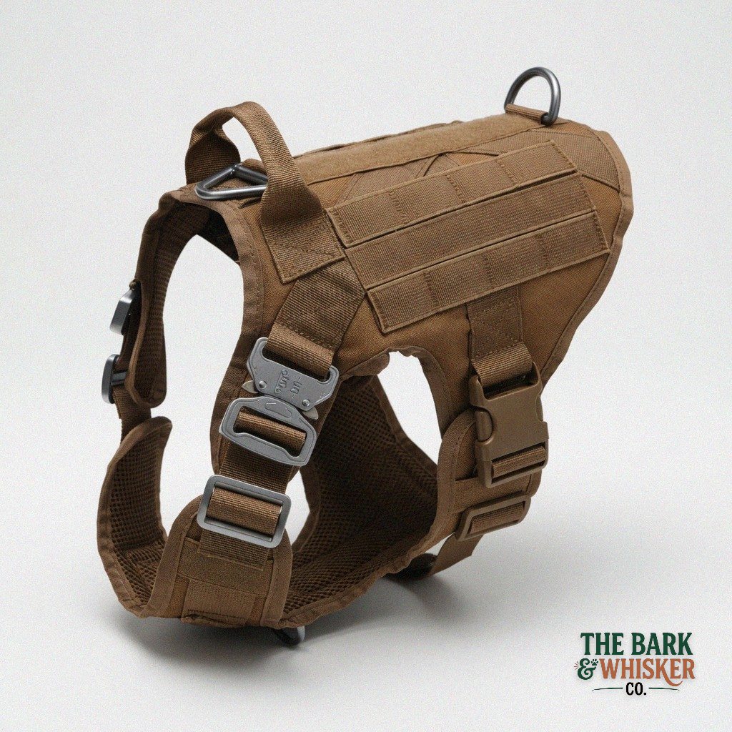 Brown tactical dog harness on a white background with 'The Bark & Whisker Co.' branding.