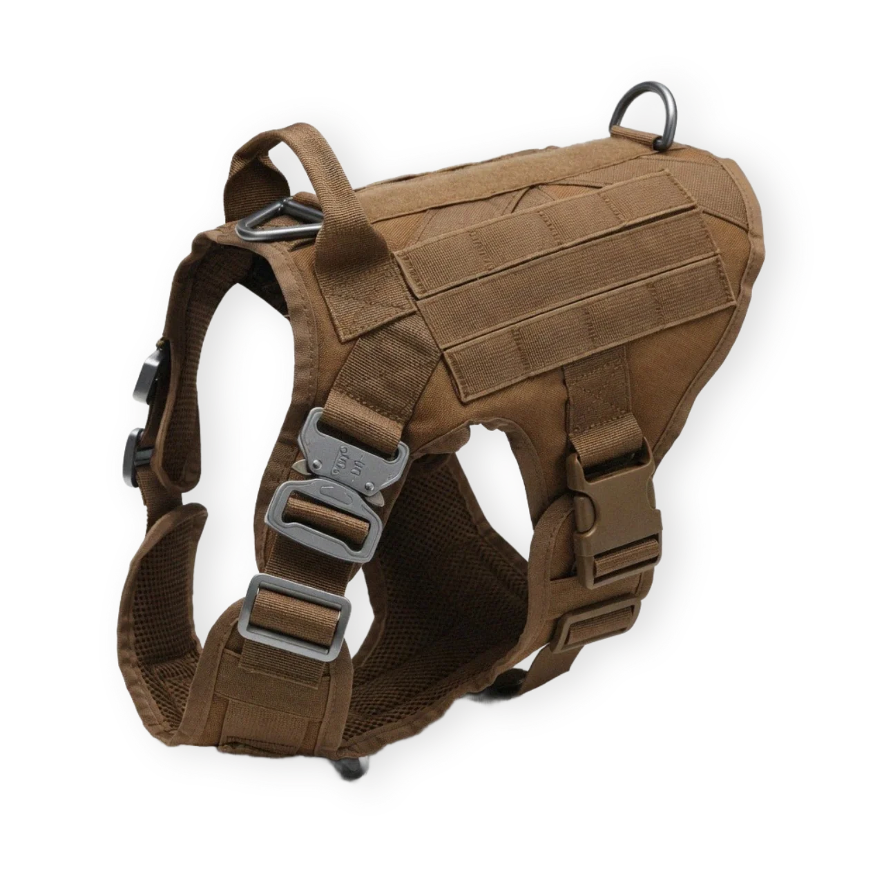 Brown tactical dog harness with front D ring on a white background