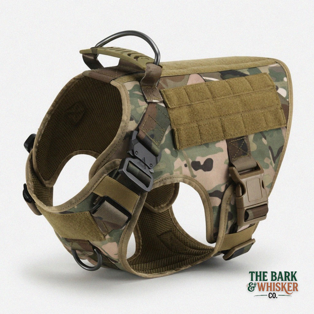 Camouflage dog harness with tactical design on a white background, branded 'The Bark & Whisker Co'.