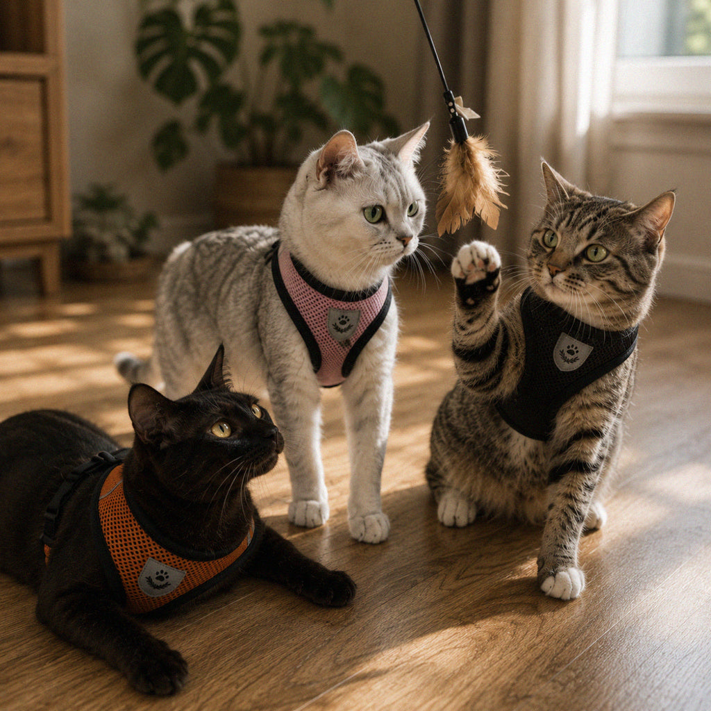 Cat exploring while wearing a comfortable walking harness