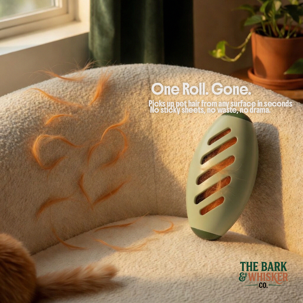 Pet hair removal tool on a couch with pet hair, featuring 'The Bark & Whisker Co.' branding.