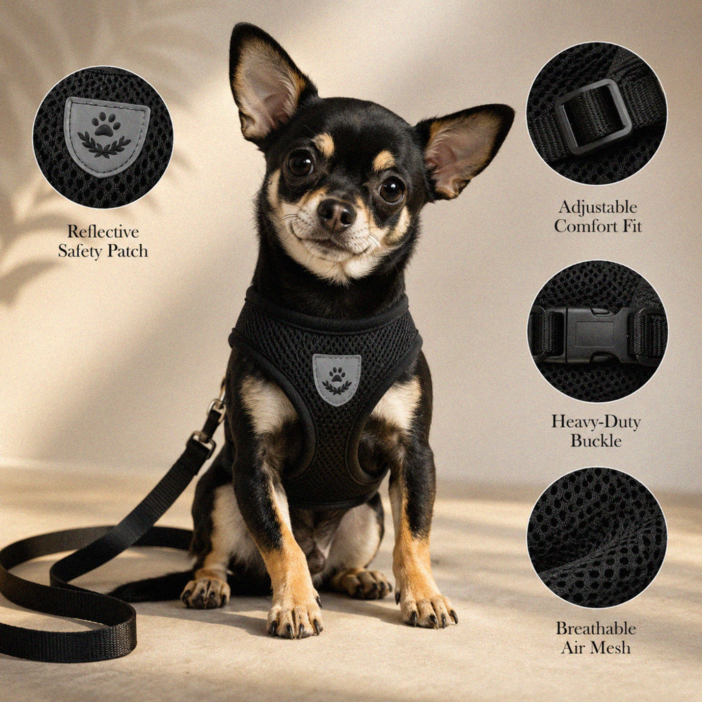Dog wearing secure escape-proof harness with reflective trim
