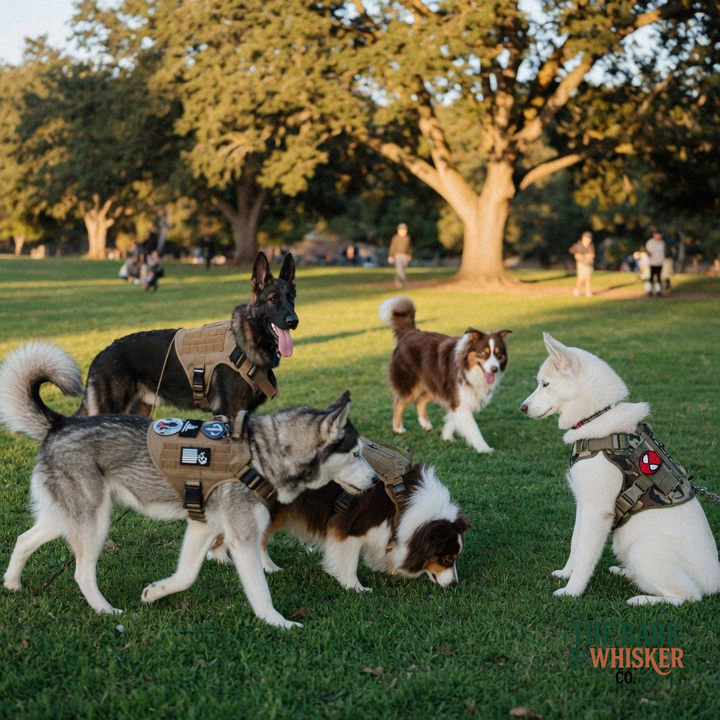 Group of dogs wearing harnesses in a park setting with 'Whisker' branding.