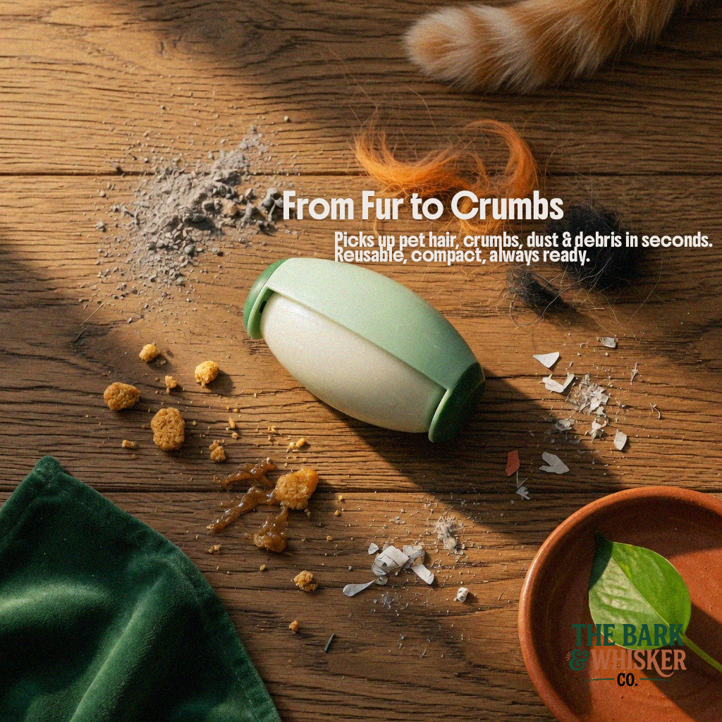Pet hair and crumb picker on a wooden surface with text and 'The Bark Twister Co.' branding.