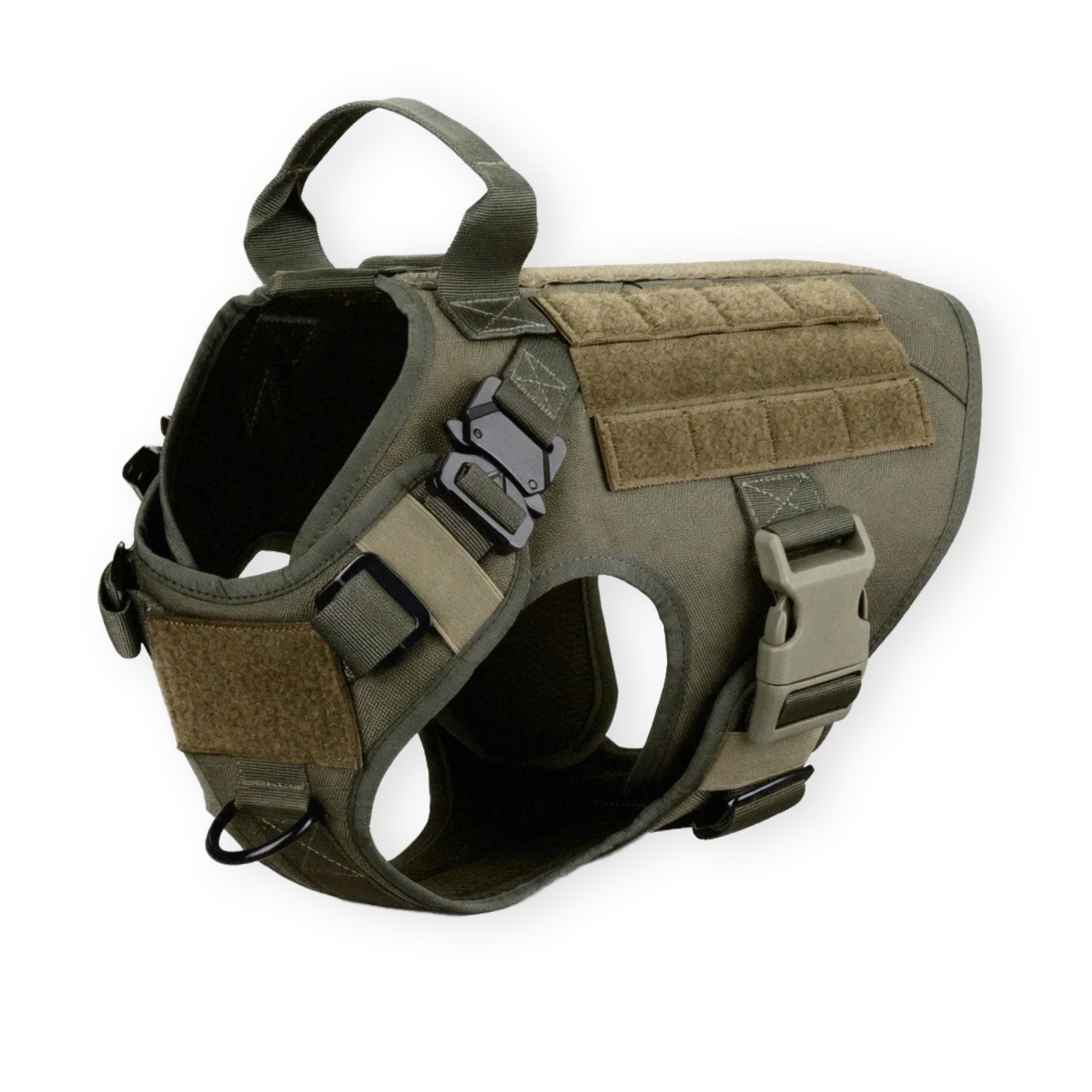 Green tactical dog harness with front D ring on a white background