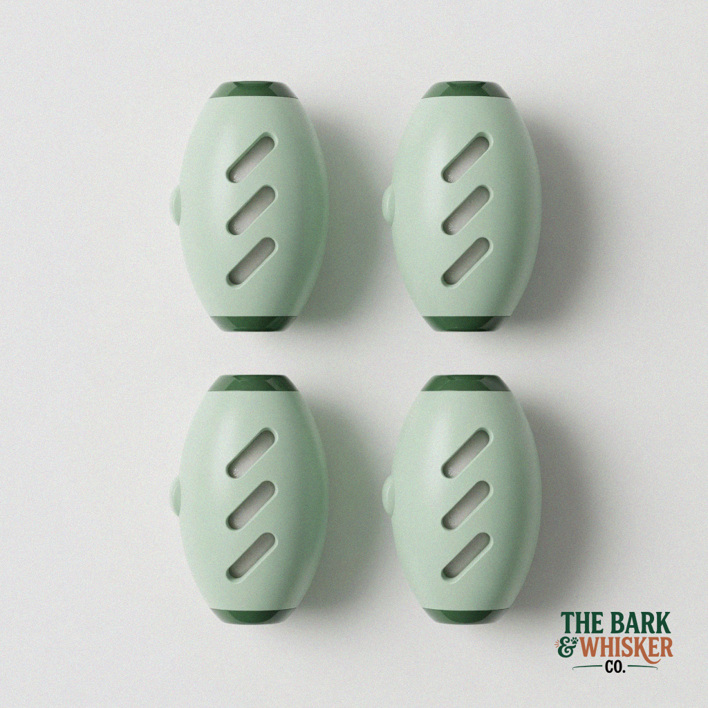 4-pack reusable mint green pet hair lint rollers with compact ergonomic design for removing pet hair, lint, crumbs, and debris from couches, clothing, bedding, and car interiors.