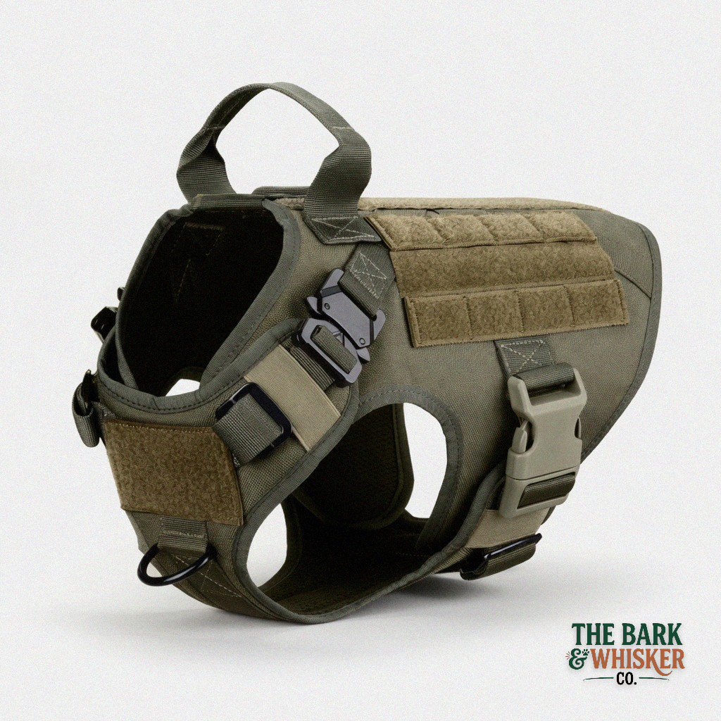  tactical dog harness on a white background with 'The Bark & Whisker Co.' branding