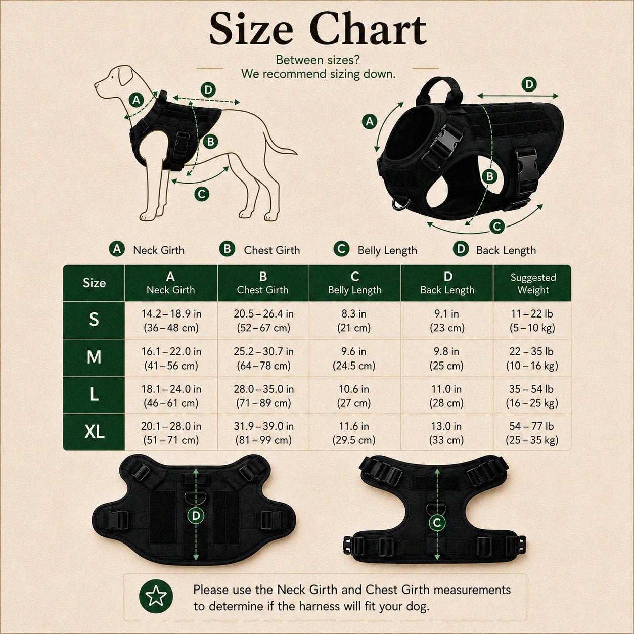 Size chart for a dog harness with measurements and recommendations.