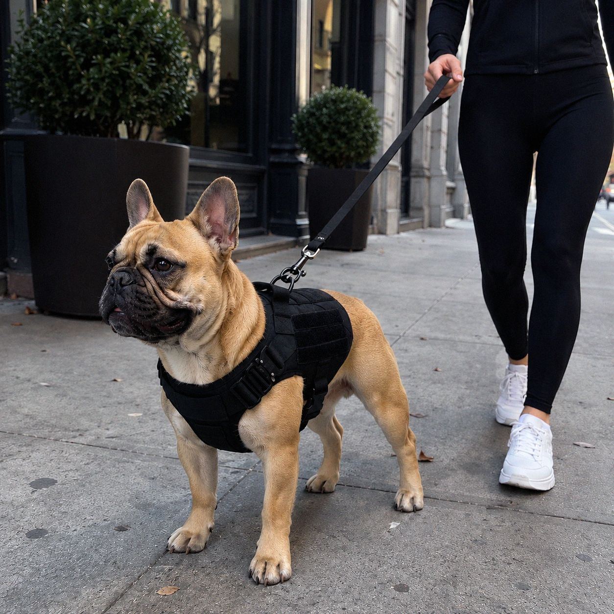 Dog wearing a black harness on a leash, walking on a sidewalk with a person in the background.