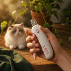 Pet owner using CalmClip quiet nail trimmer on a dog's paw