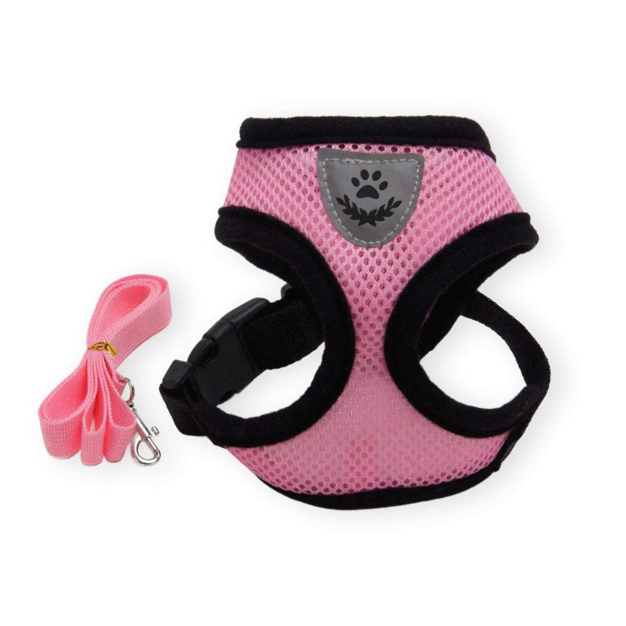 pink breathable pet harness with a leash on a white background