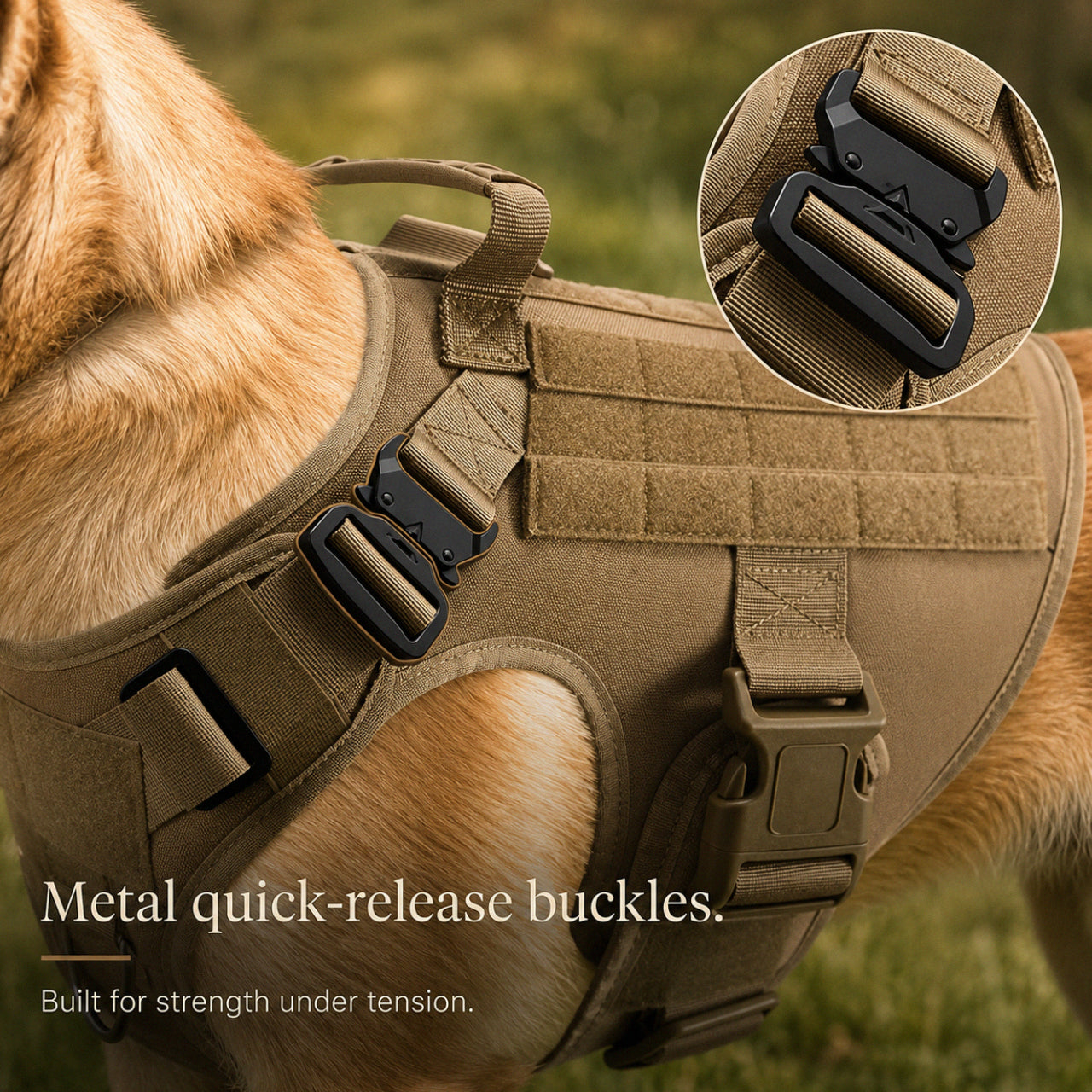 Dog wearing tactical harness with reinforced handle and secure fit