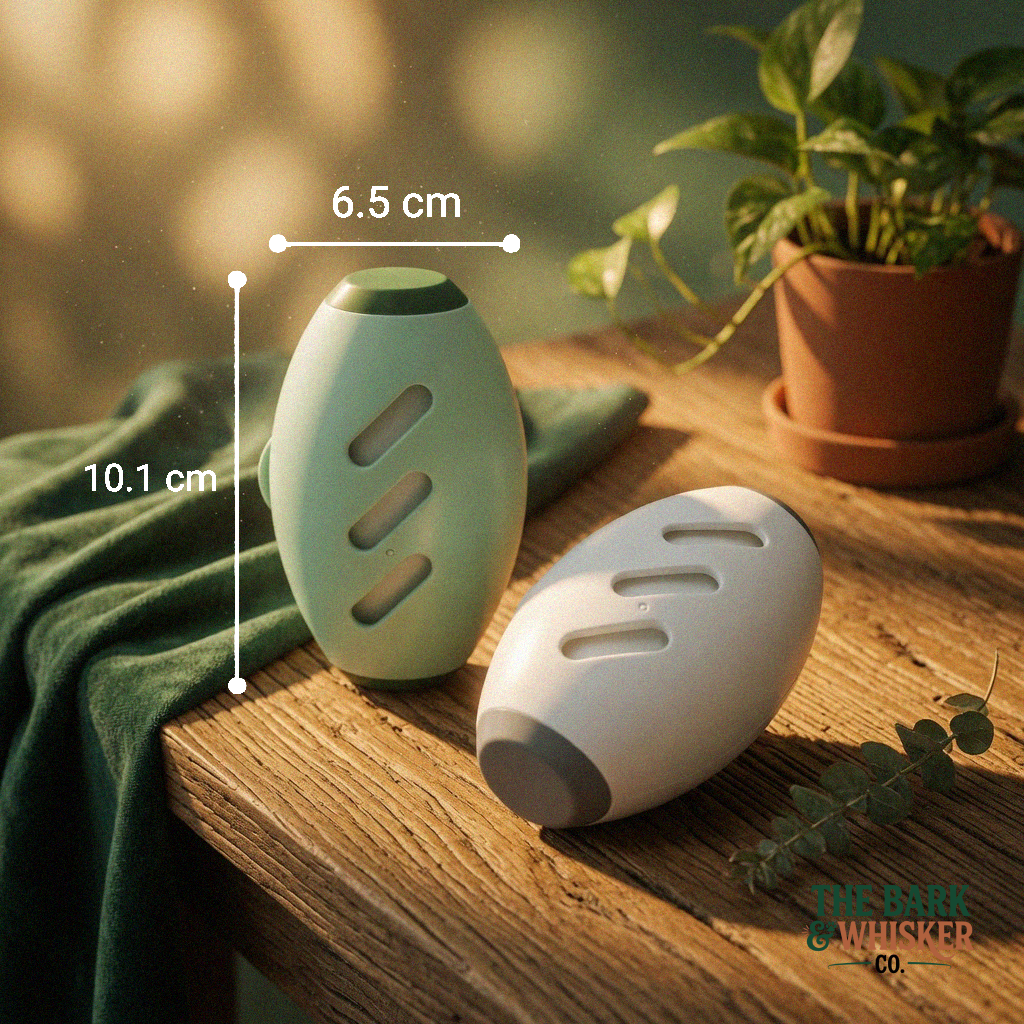 Reusable mint green pet hair lint roller with compact 10.1 cm x 6.5 cm portable design displayed beside a white roller on a warm wooden tabletop with cozy premium home styling and measurement annotations.