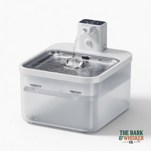 Pet water fountain with 'The Bark & Whisker Co.' branding on a white background