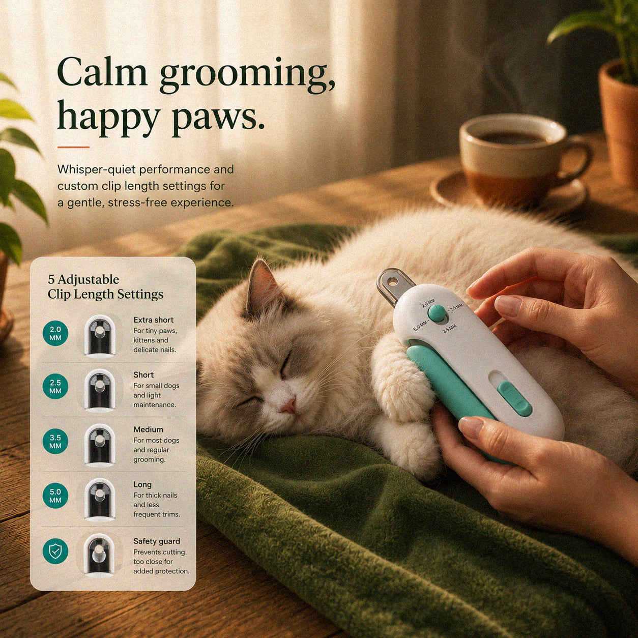 CalmClip nail trimmer showing pet nail cutting guide and safety features