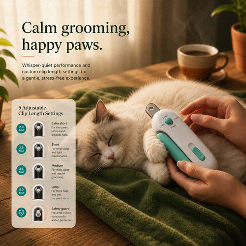 CalmClip nail trimmer showing pet nail cutting guide and safety features