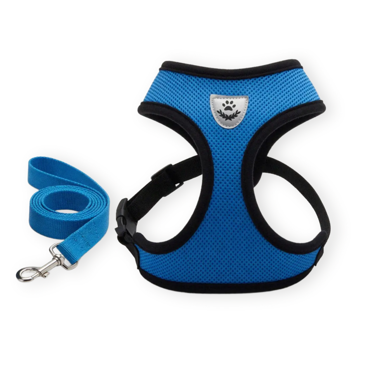 Blue breathable pet harness with a leash on a white background