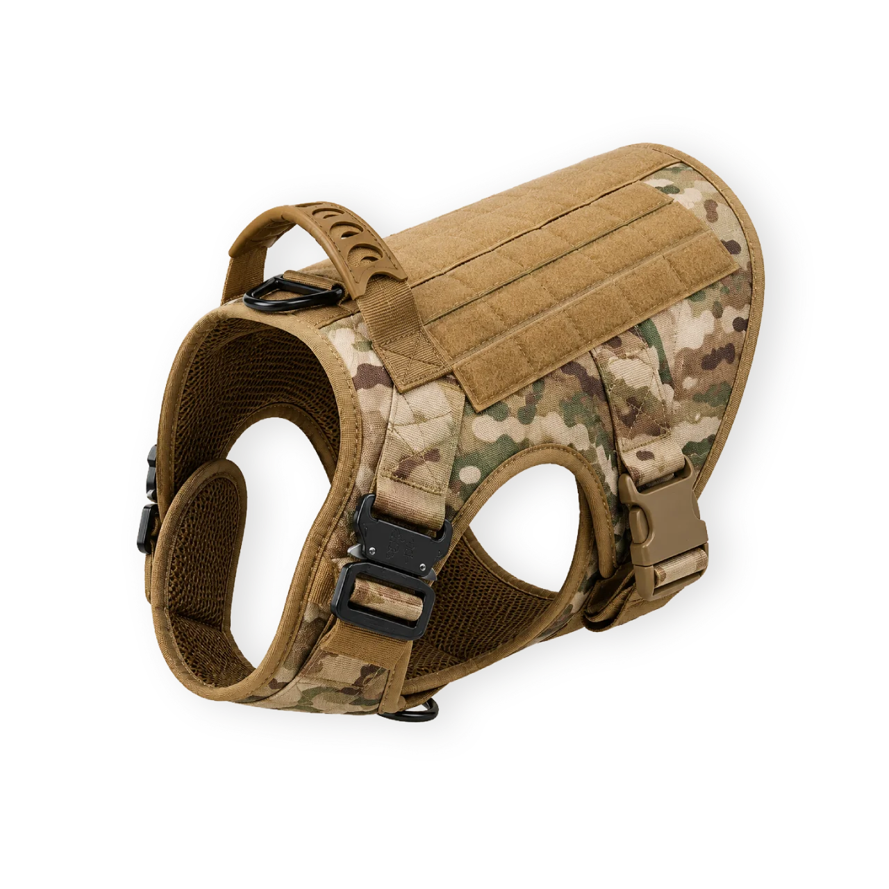 Camo tactical dog harness with front D ring on a white background