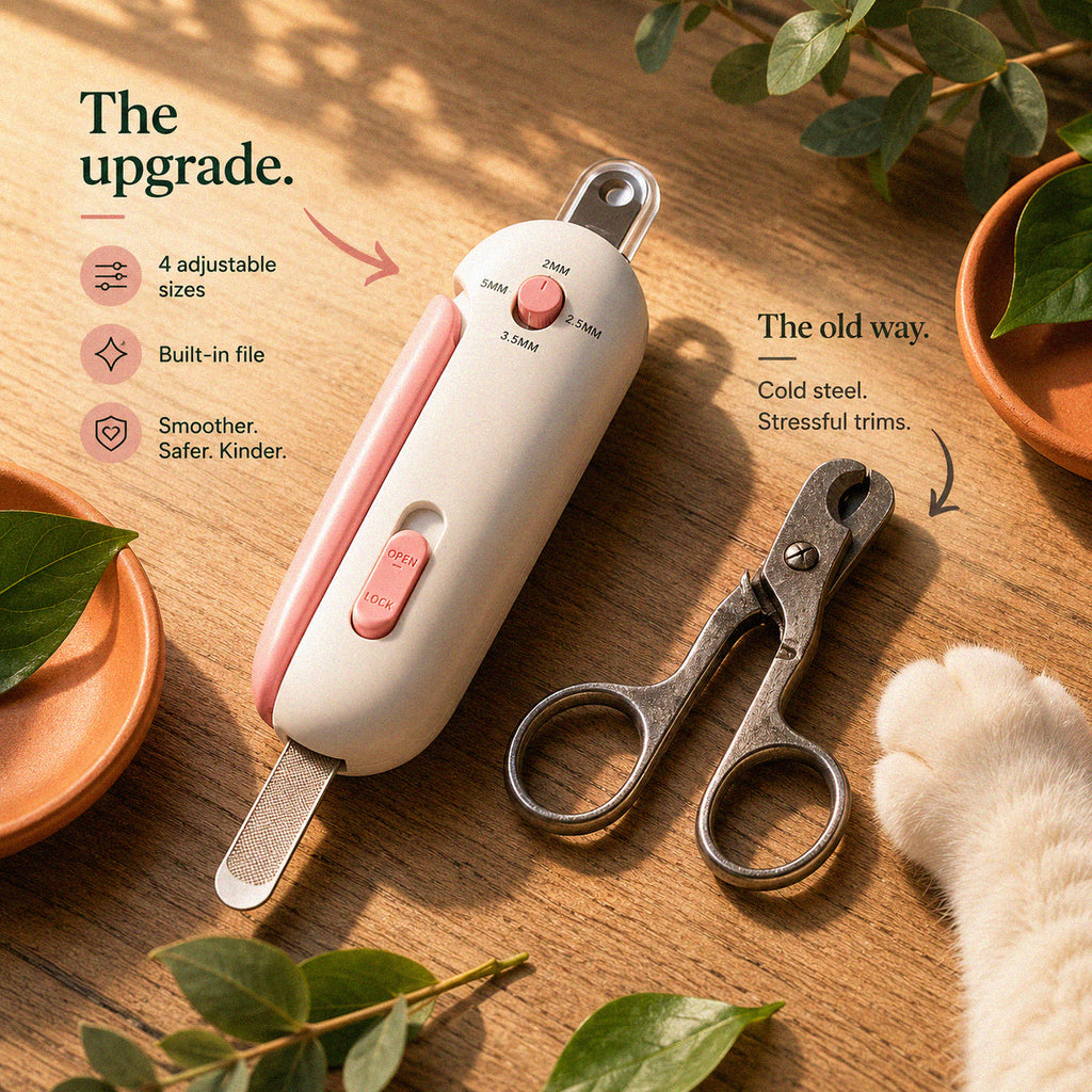 Close-up of CalmClip pet nail trimmer with precision stainless steel blades