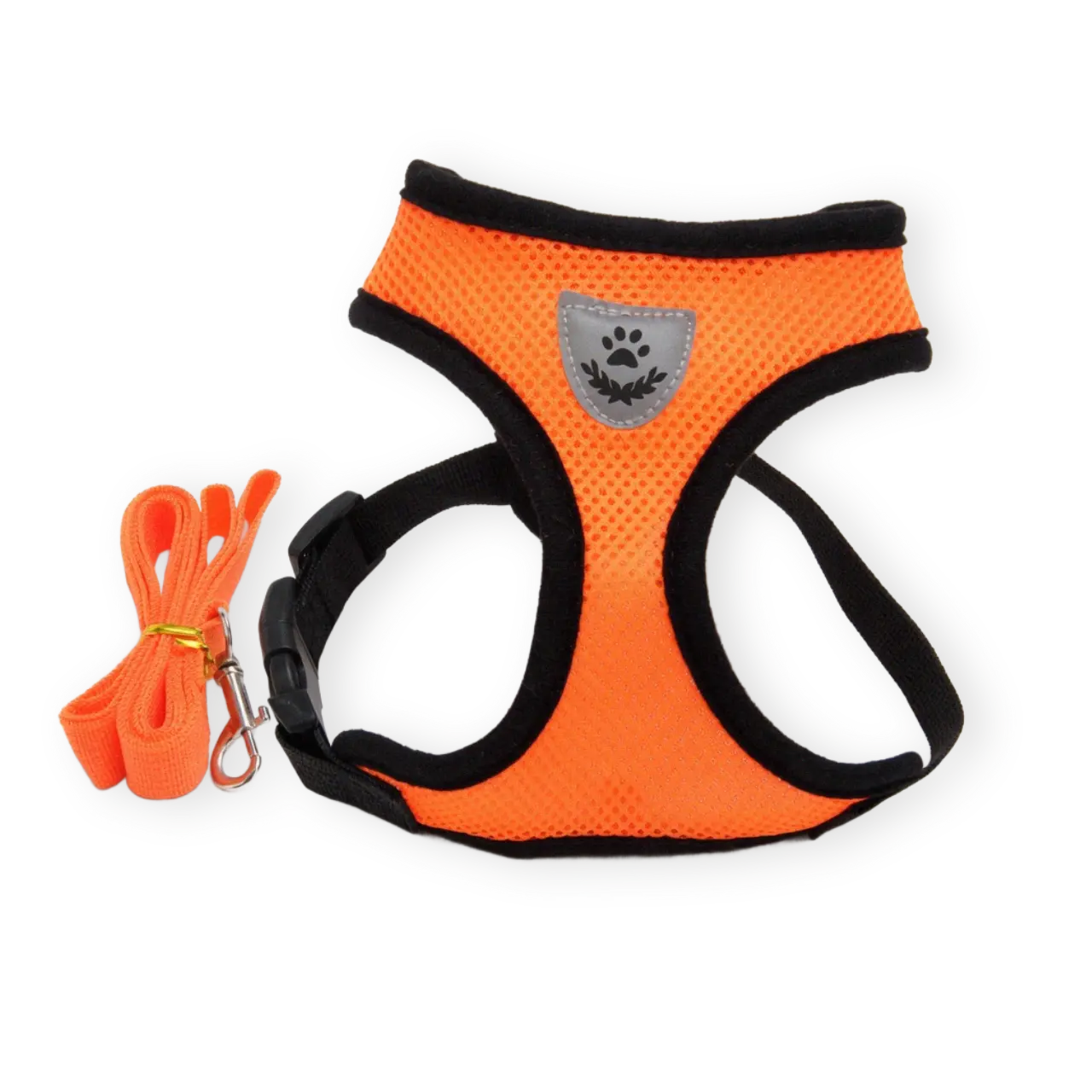 Orange breathable pet harness with a leash on a white background