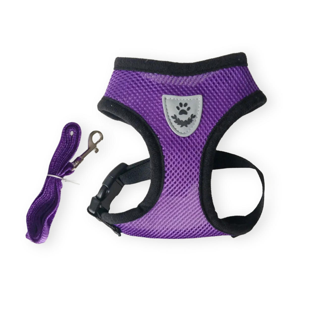 Purple breathable pet harness with a leash on a white background
