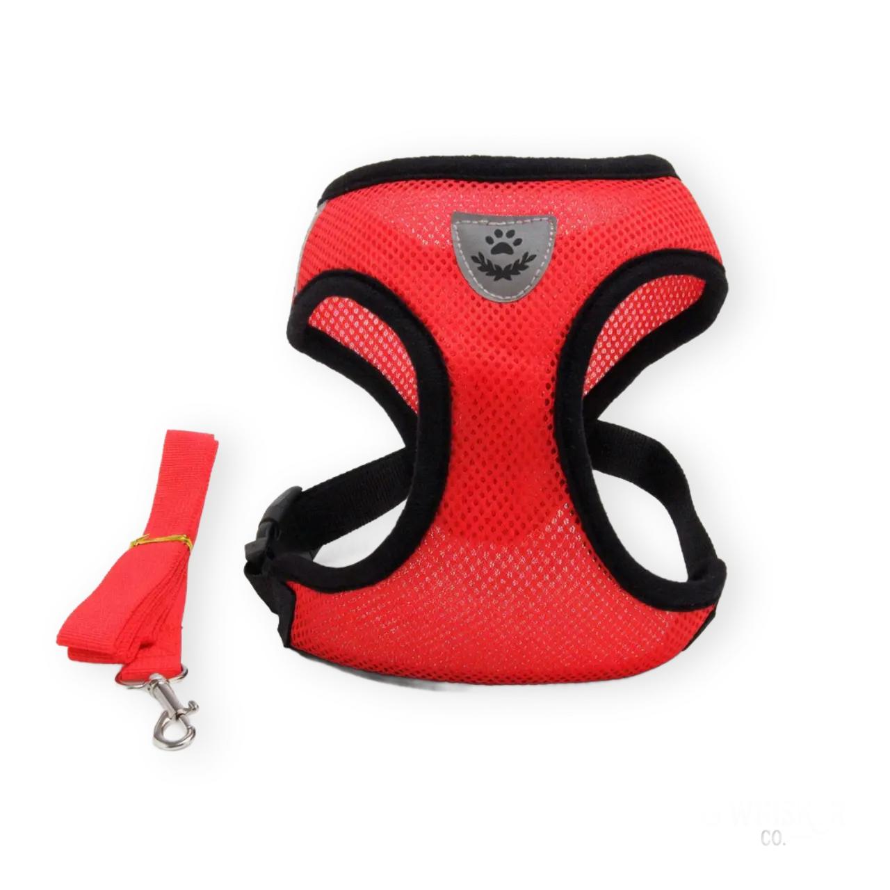 Red breathable pet harness with a leash on a white background